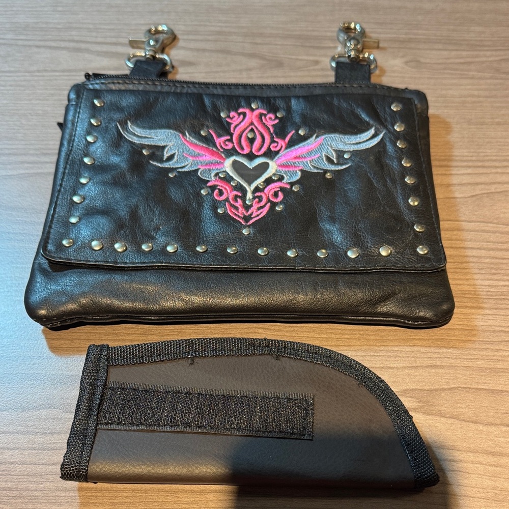 Black Studded Women's Hip Bag with Pink Embroidery (gun holder)